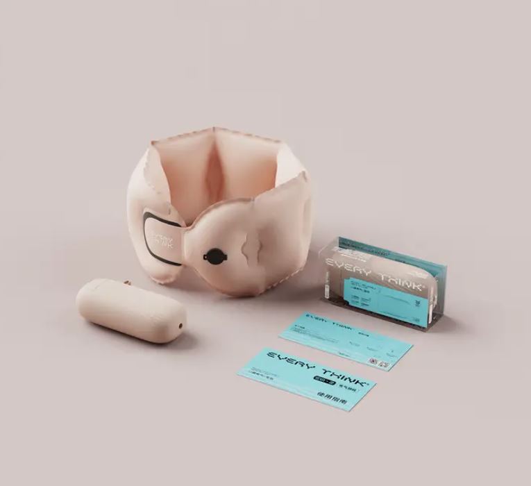 Pink self-inflating neck pillow with storage case
