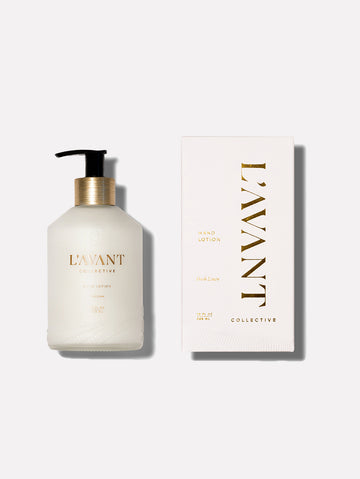 Hand Lotion in a durable glass bottle with a brushed gold pump neck.