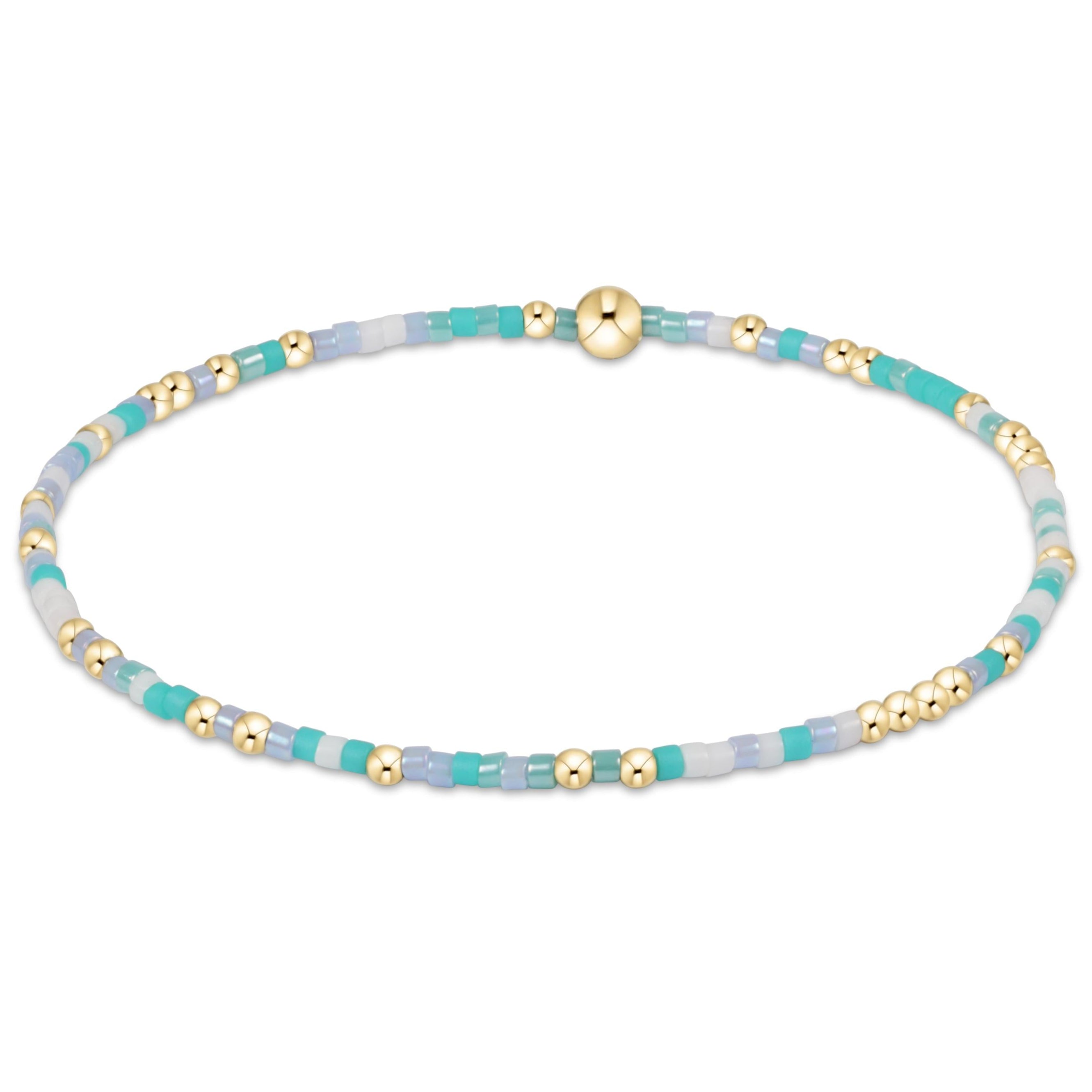 Egirl Hope Unwritten bracelet featuring gold-filled beads with multi-colored seed bead accents on stretch elastic.
