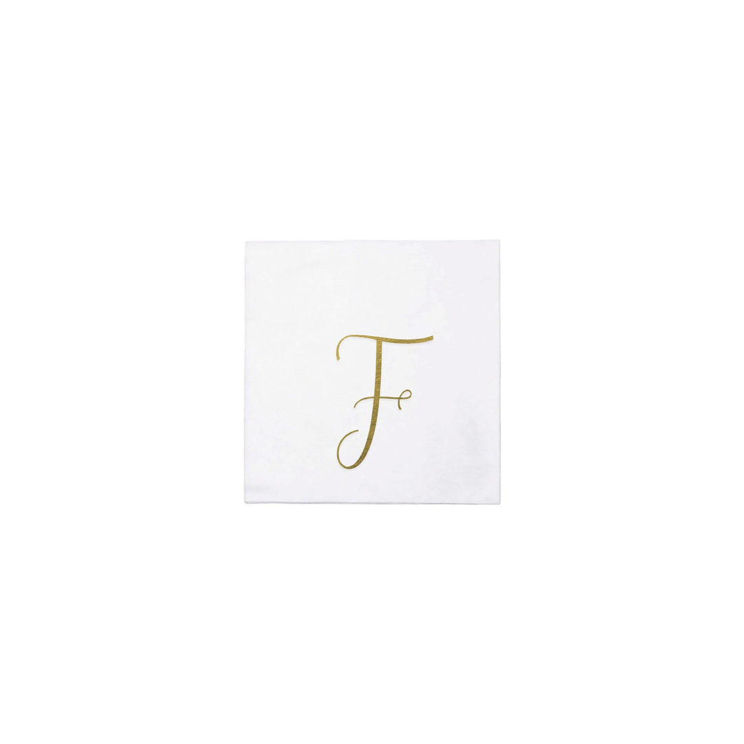 White Papersoft cocktail napkin with a gold script monogram letter F in the center.