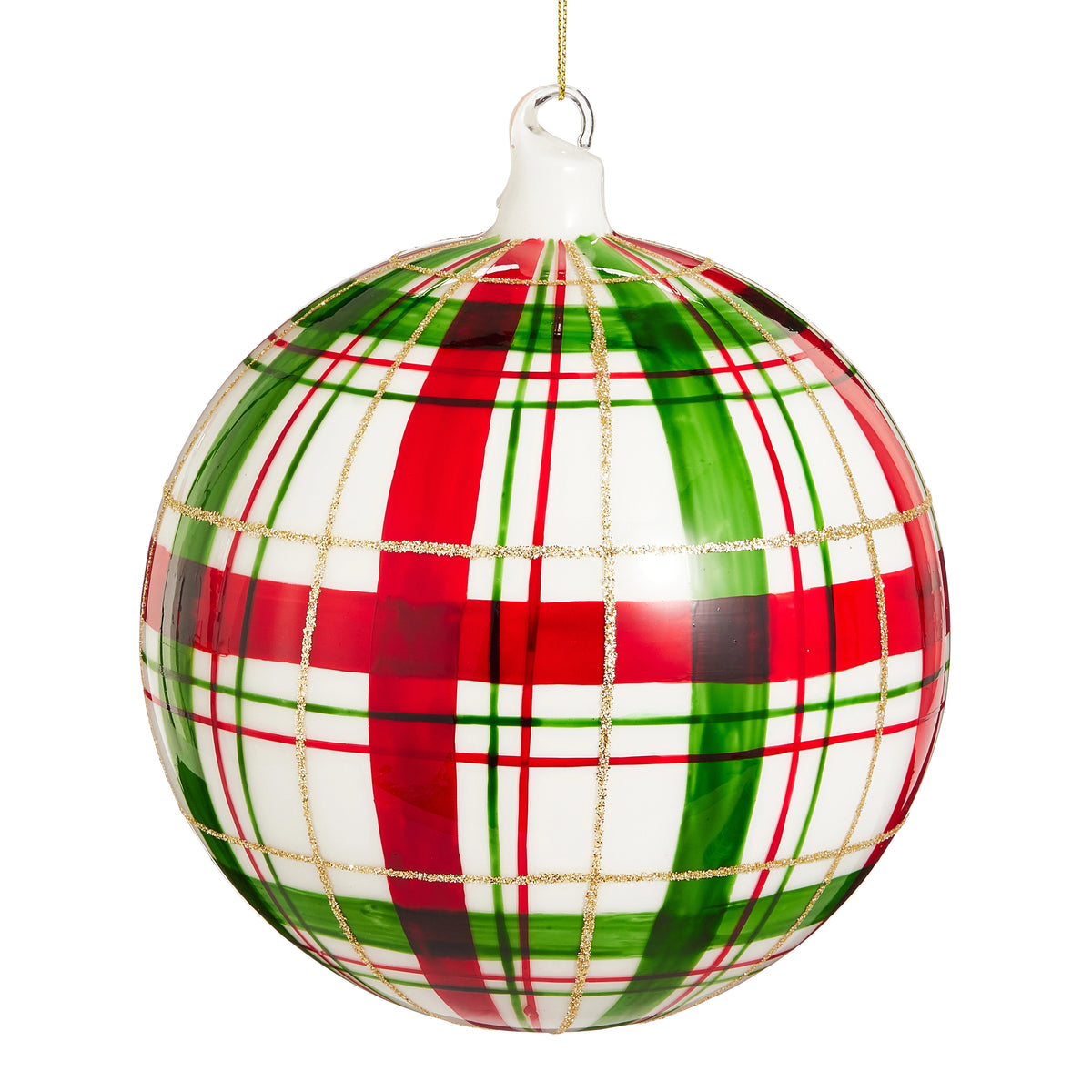 6-inch glass Christmas ornament with a red, green, and gold glitter plaid pattern on white.