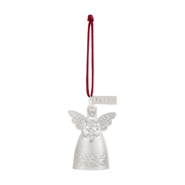 Mini silver metal bell angel ornament with wings, a red hanging cord, and a small 'faith' tag.