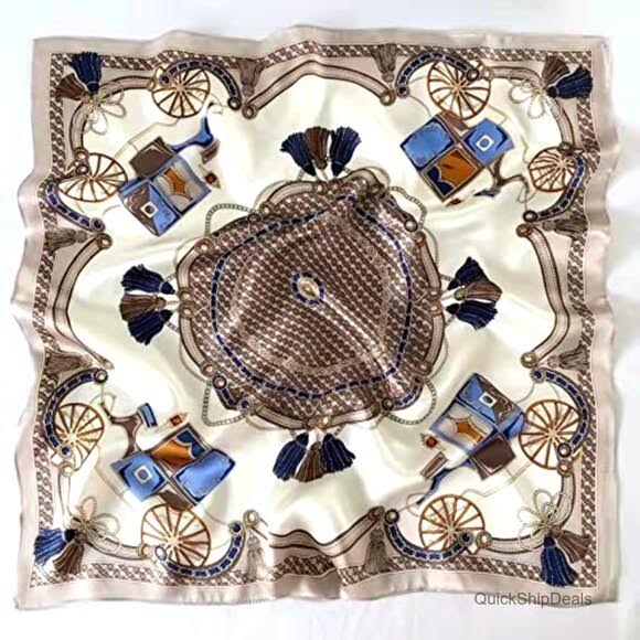 Square silk scarf with a cream background featuring blue and gold carriage and tassel motifs.