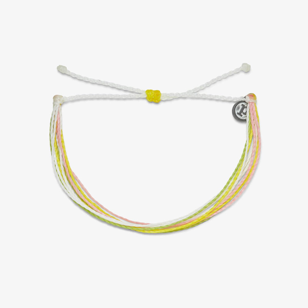 Bright Original Bracelet with multi-colored wax-coated strings in pink, yellow, and green.