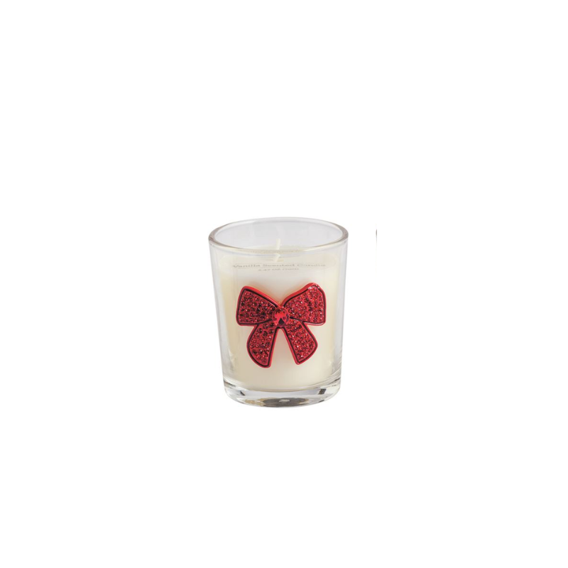 Vanilla scented tea light candle in a glass votive with a red beaded bow icon on the front.