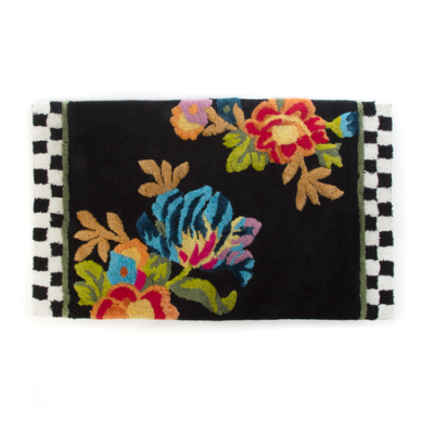 Black floral market standard bath rug with thick cotton pile