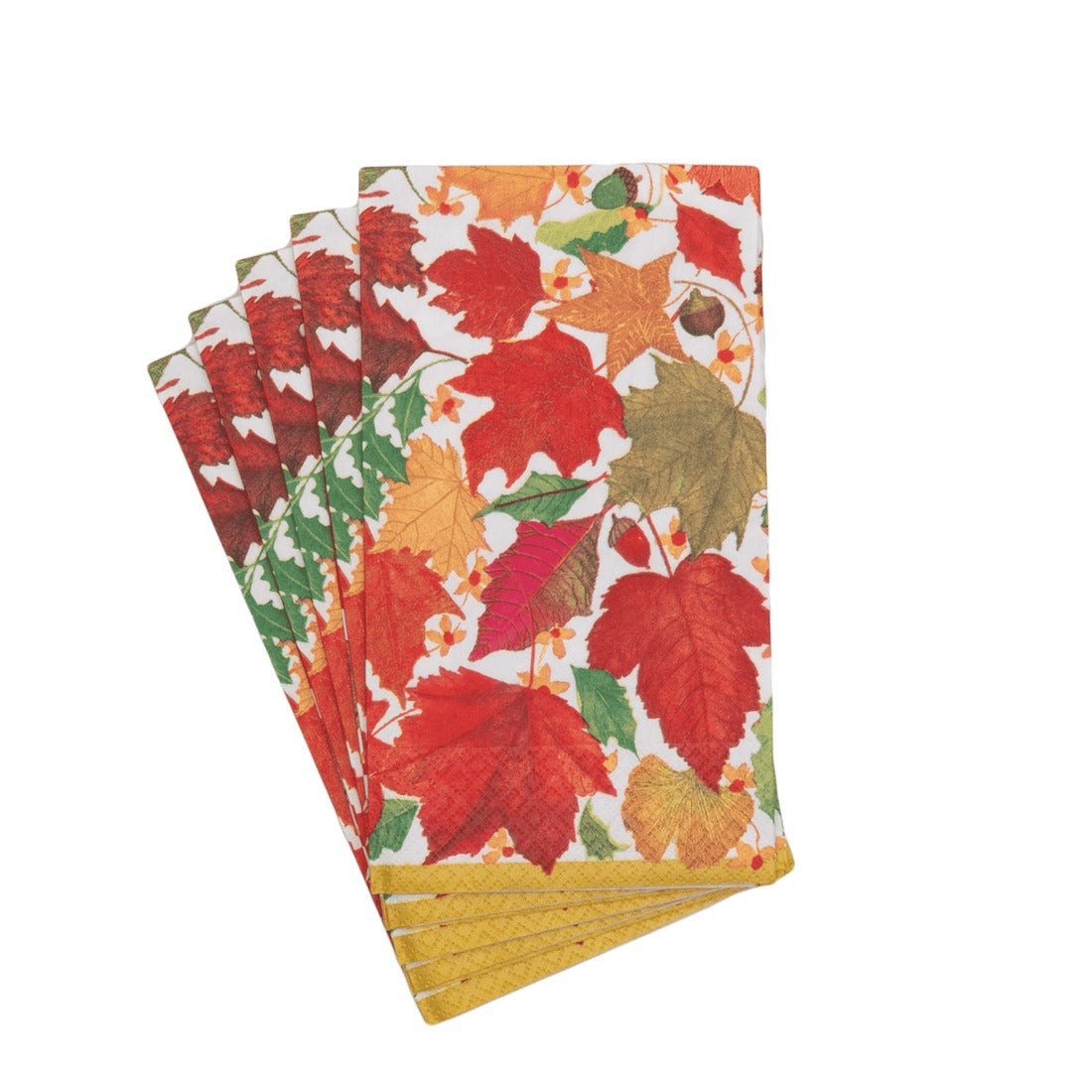 A stack of white guest towels featuring a vibrant pattern of red, orange, and green autumn leaves.