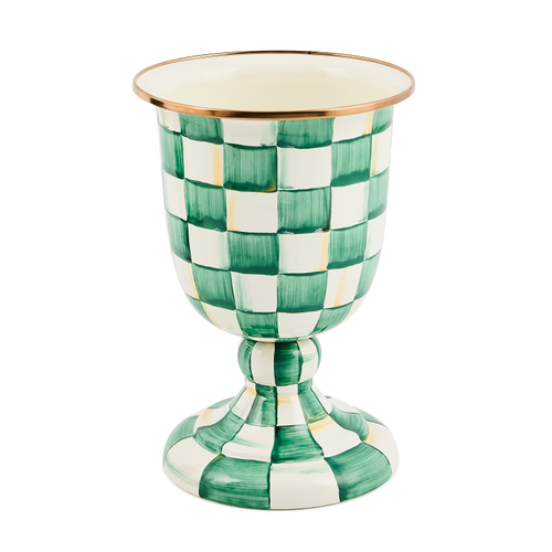 Emerald Check Pedestal Vase with a green and white hand-painted checkered pattern and gold rim.