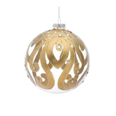 Clear glass Christmas ornament with gold filigree pattern and small rhinestones.