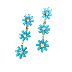 Turquoise triple link flower dangle earrings with three graduated floral clusters featuring clear crystal centers.