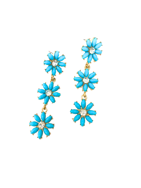 Turquoise triple link flower dangle earrings with three graduated floral clusters featuring clear crystal centers.