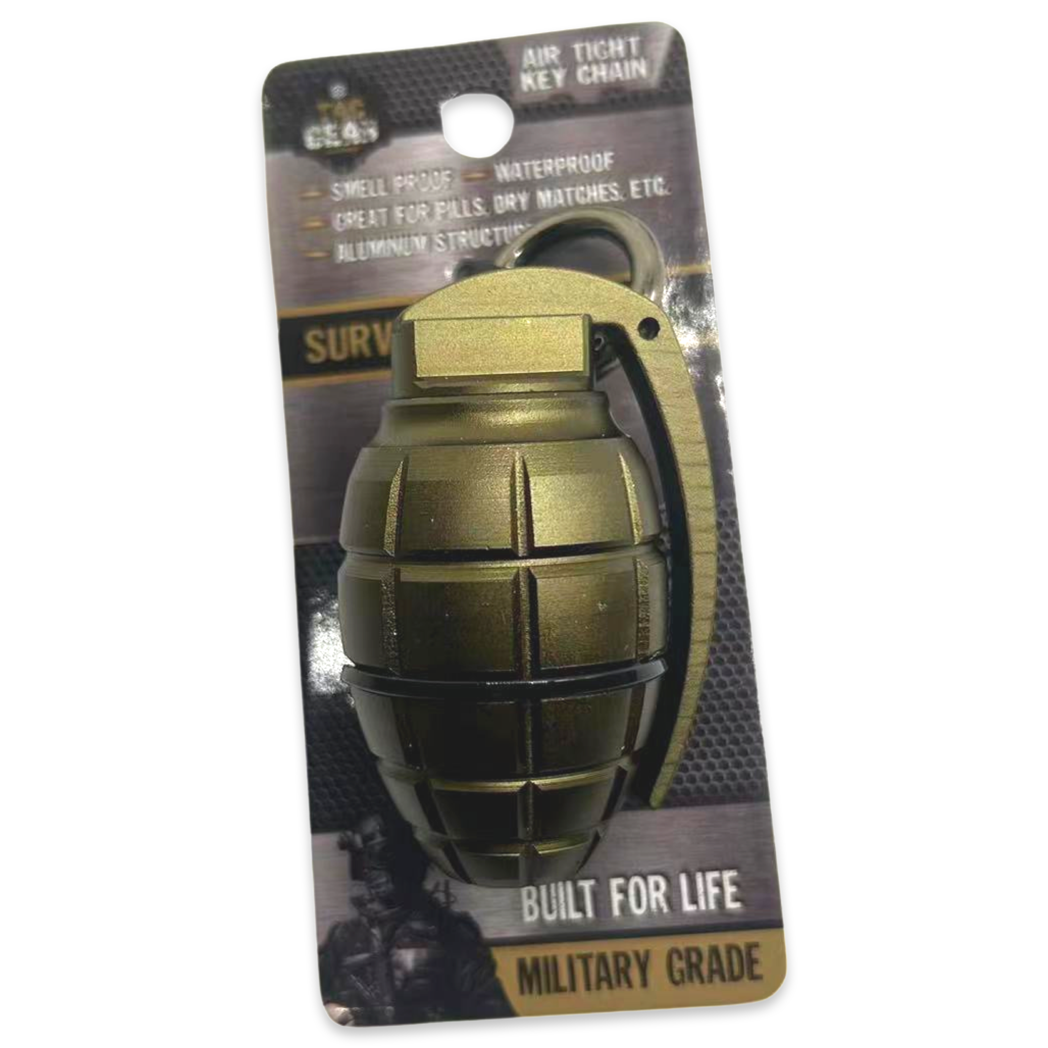 Tac Gear grenade-shaped storage key chain in black with a compartment for small items.