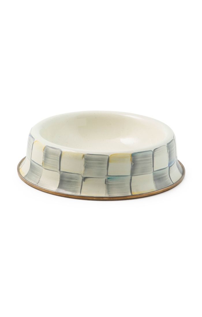 Sterling Check Enamel Cat Dish with hand-glazed grey and white checkered pattern and bronze rim.