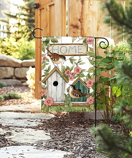 Garden flag with watercolor birds and birdhouses surrounded by pink flowers and greenery, reading "HOME".