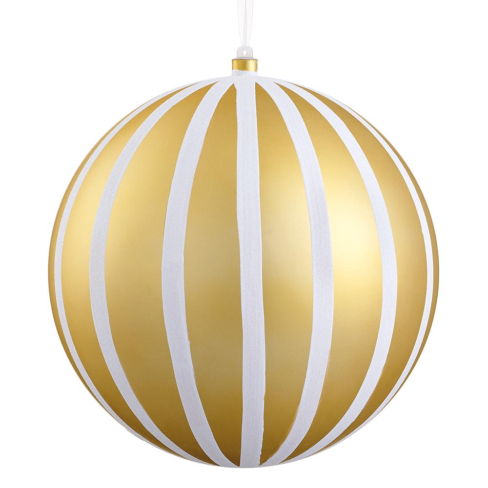 8-inch gold plastic ball ornament with vertical white glittered stripes and a gold hanging cap.