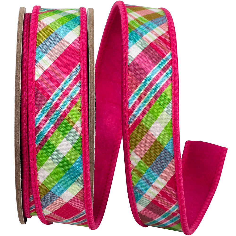 Plaid Festivity Deluxe Dupioni backed wired edge ribbon in plaid pattern with gold metallic sheen.