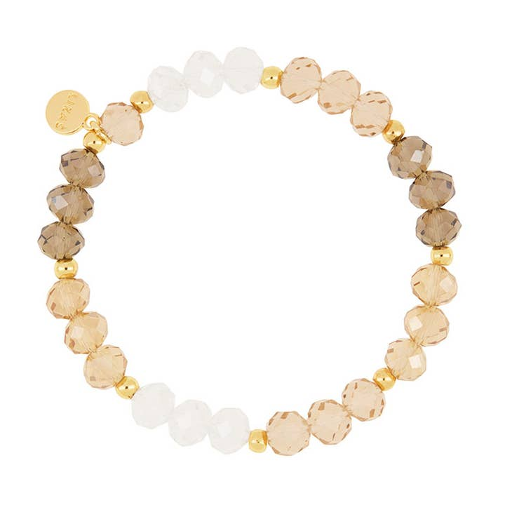 Clarksville Creation Bracelet with faceted glass beads in white, tan, and brown on elastic.