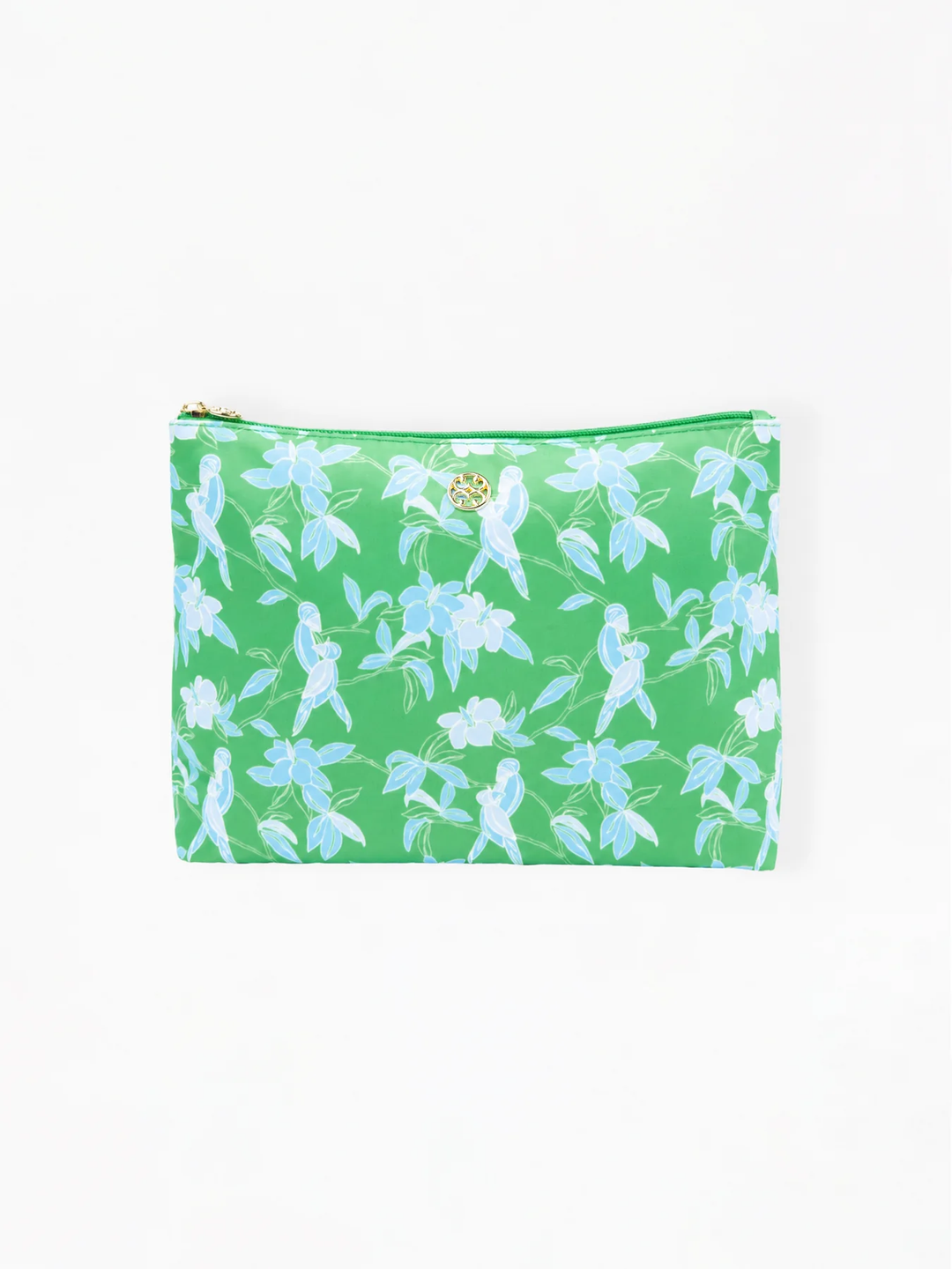 Green Tiki Tropics travel pouch with blue floral and bird print, gold zipper, and logo emblem.