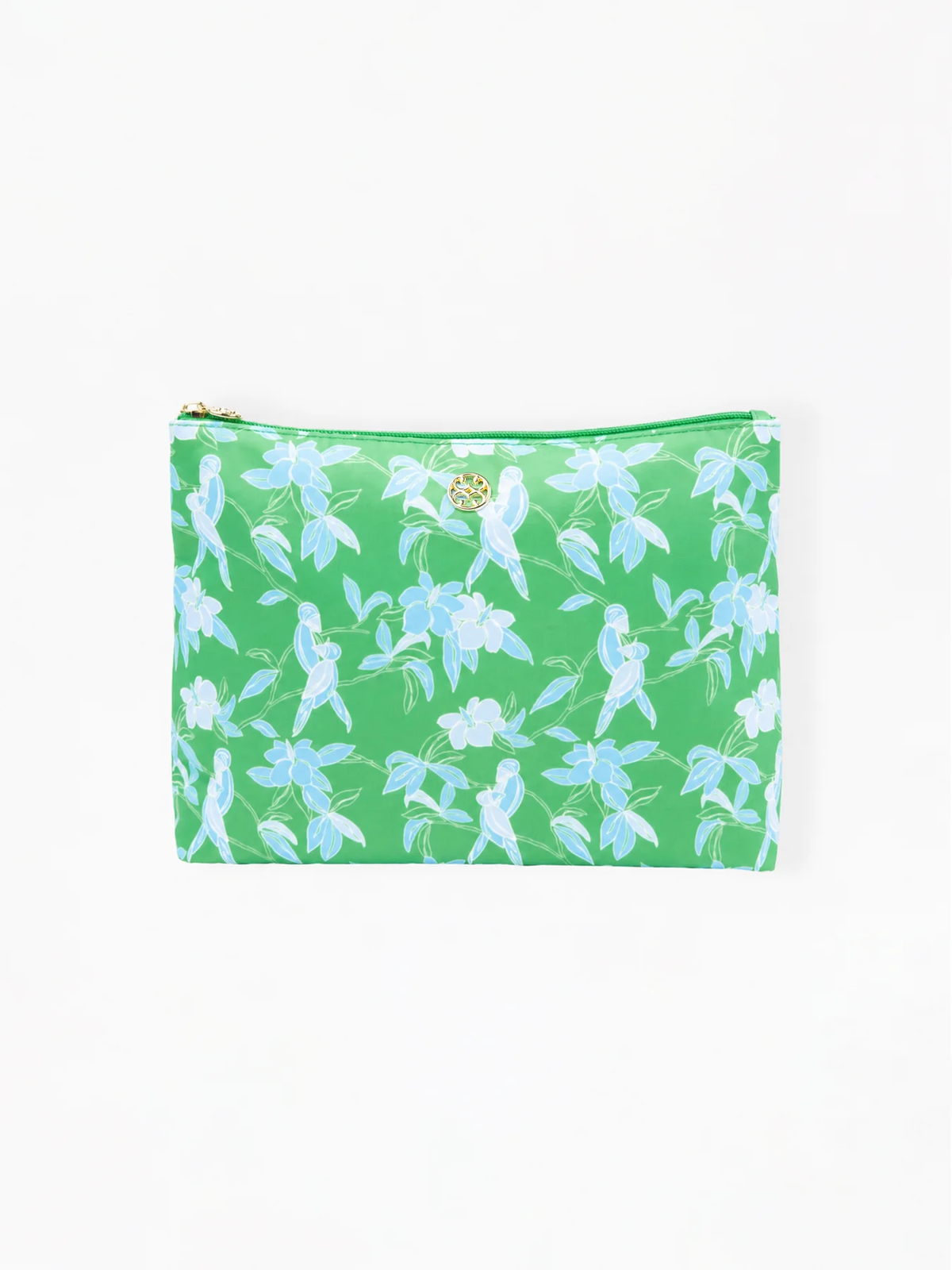 Green Tiki Tropics travel pouch with blue floral and bird print, gold zipper, and logo emblem.