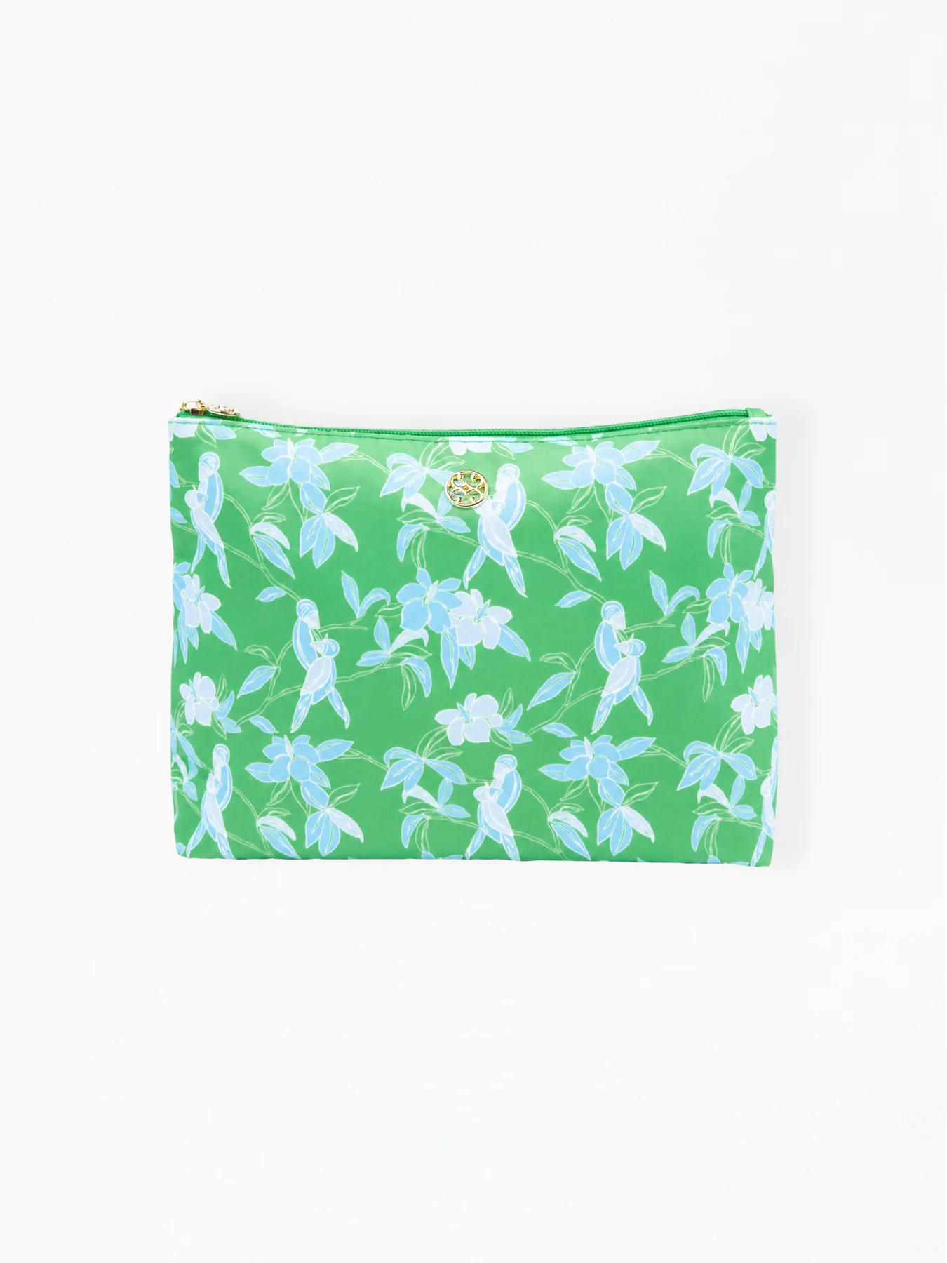 Green Tiki Tropics travel pouch with blue floral and bird print, gold zipper, and logo emblem.