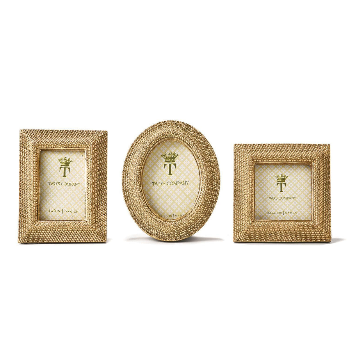 Tuileries Golden Dots photo frame with textured gold resin border, velvet back, and easel stand.