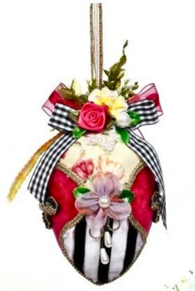 6-inch fabric jeweled Easter egg ornament with pink roses, black and white ribbons, and pearls.
