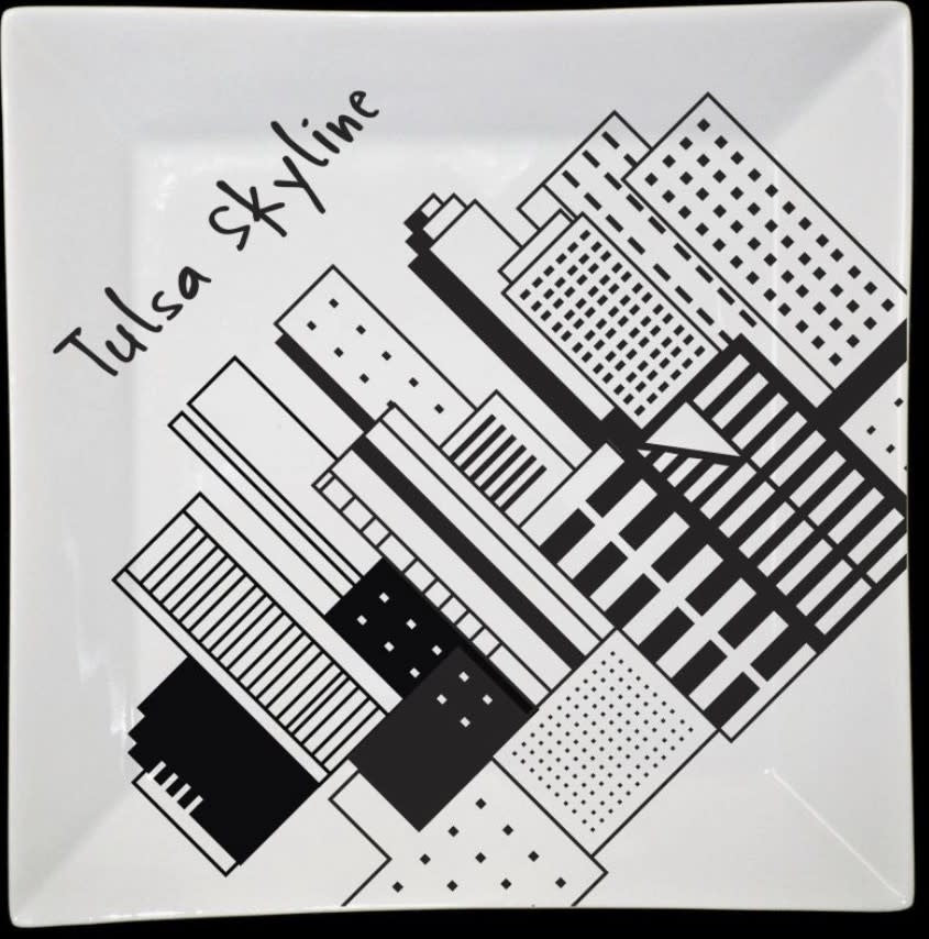 Square Tulsa Skyline square pendant light with black metal frame featuring a white silhouette of the Tulsa skyline.