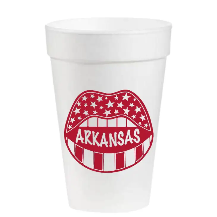 16oz white styrofoam cup with red lips graphic featuring stars, stripes, and Arkansas text.