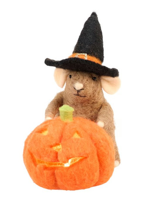 Felt lighted pumpkin mouse critter with glowing eyes and plastic accents.