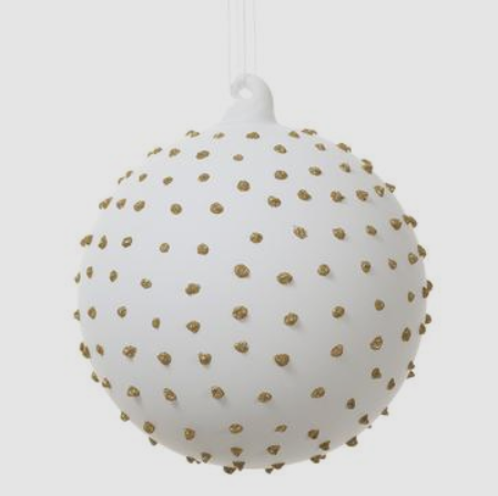 Glass dot ball ornament with glittered finish in a spherical shape