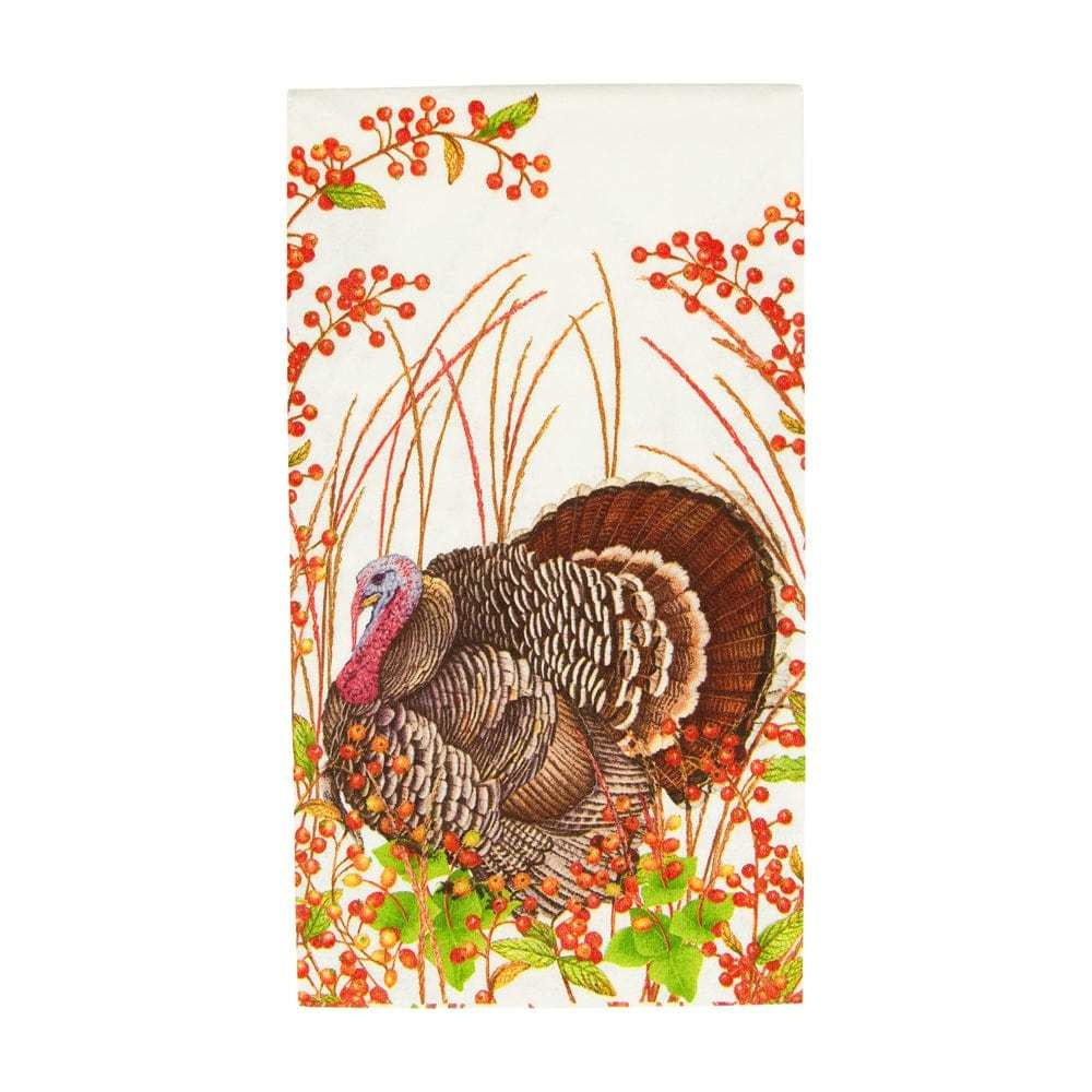 Triple-ply guest towel napkins featuring a turkey and berries pattern printed in Germany.