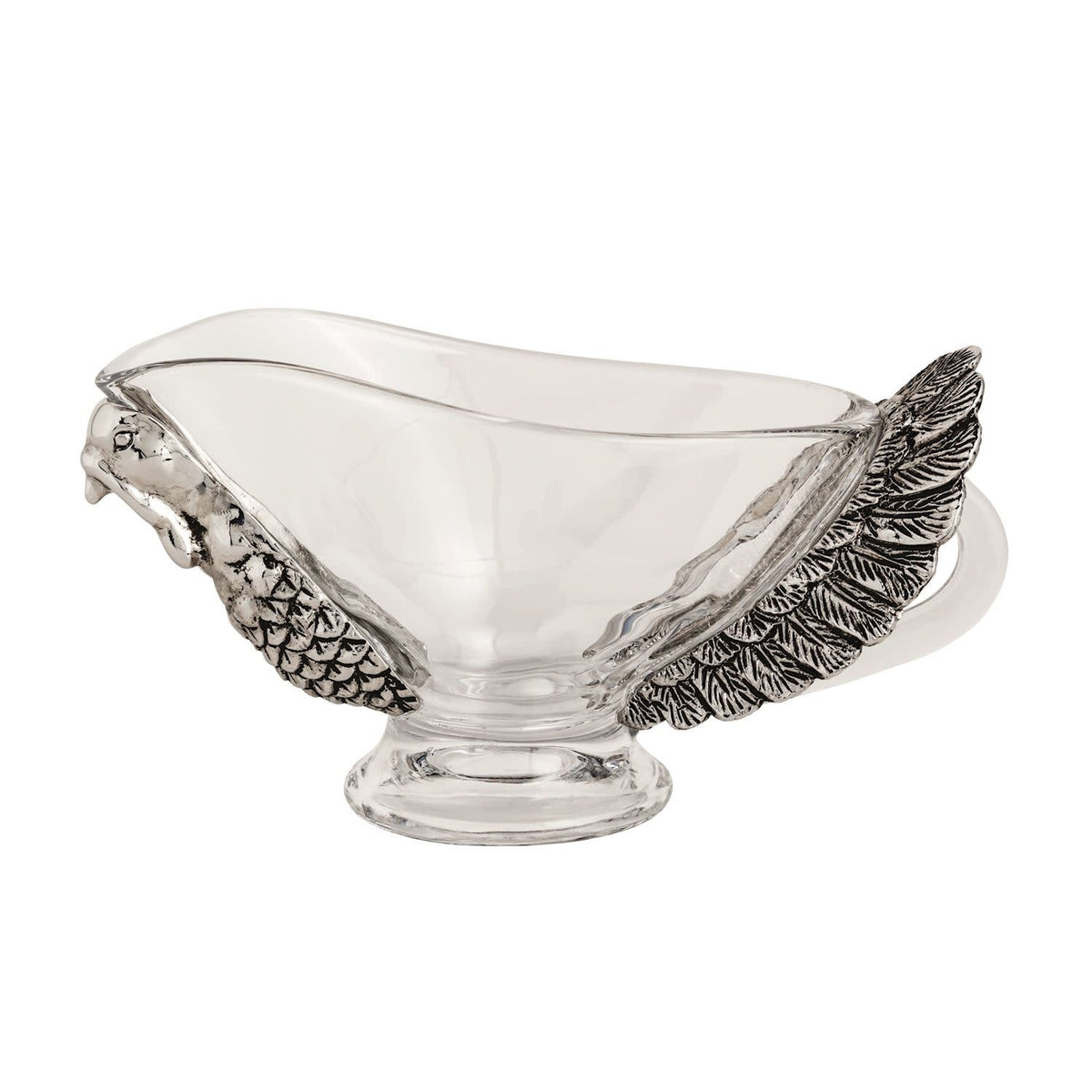 Glass gravy boat with cast aluminum turkey head and feather attachments