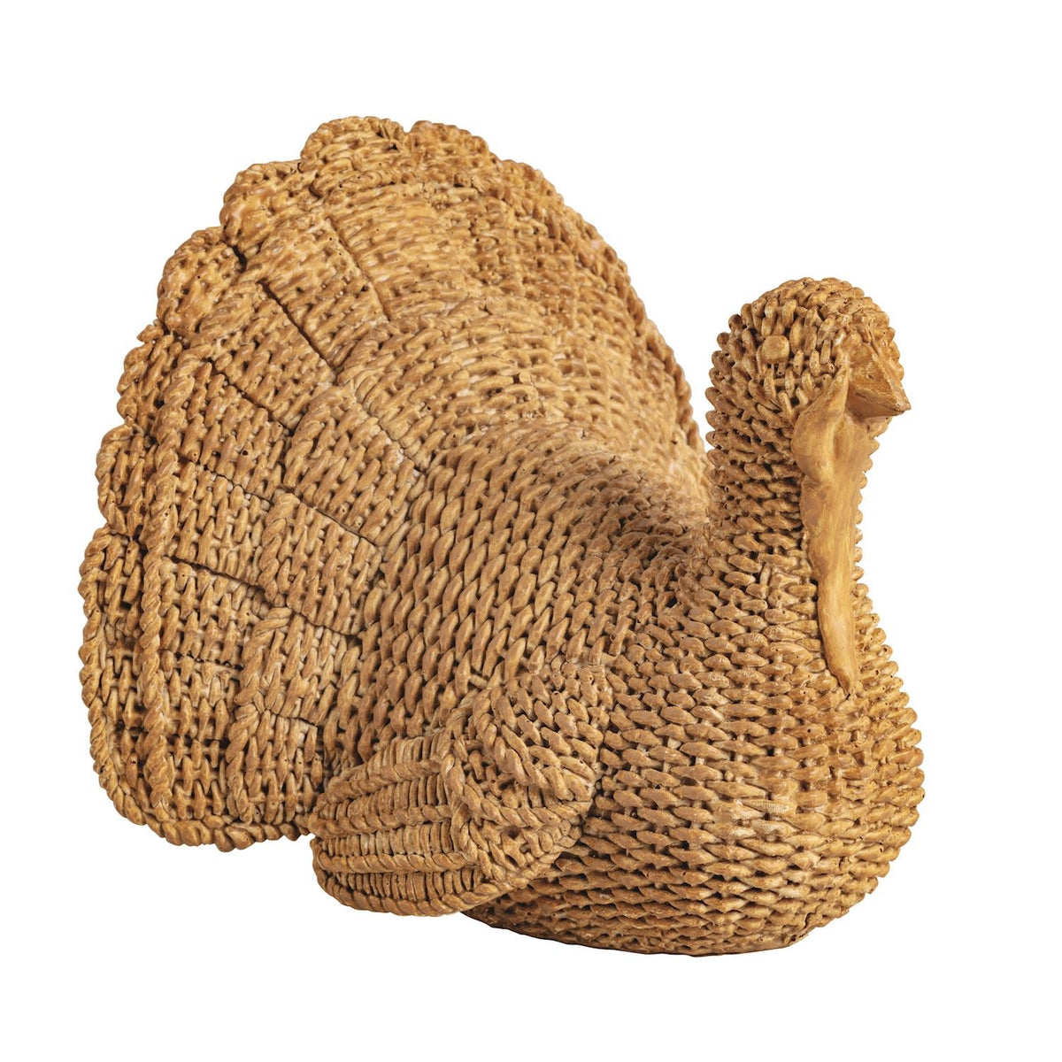Resin turkey figurine with wicker-style texture in natural tan color.