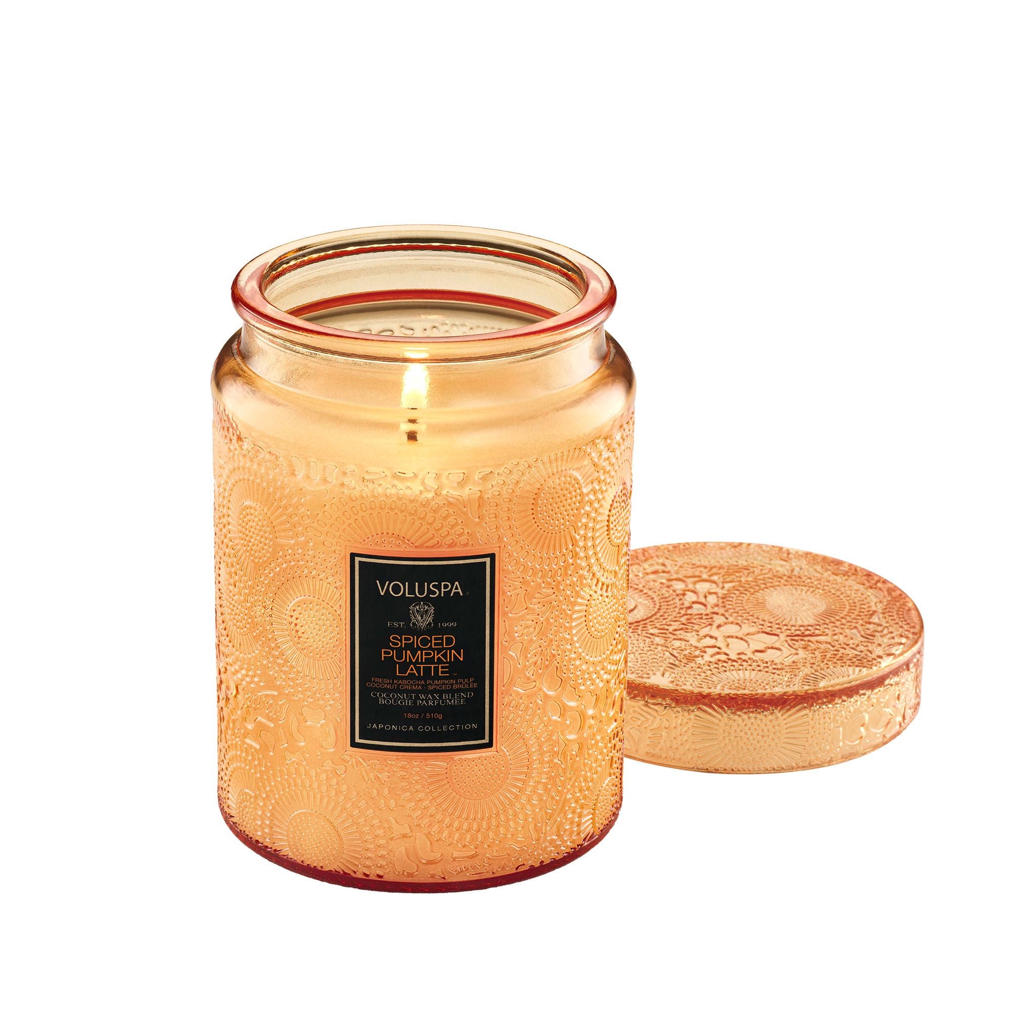 Spiced Pumpkin Latte 18oz Large Jar candle in an amber embossed glass jar with a matching lid.