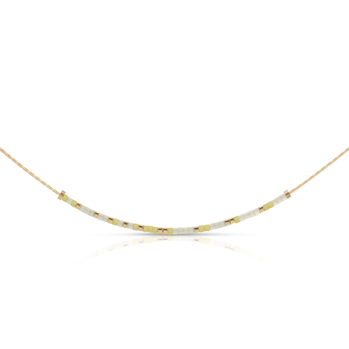 Matte chartreuse green crystal cut necklace with pale gold finish featuring Morse code Romans 12:12 pendant.
