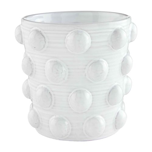 Terra cotta beaded pot with a round terracotta body featuring intricate beadwork patterns.