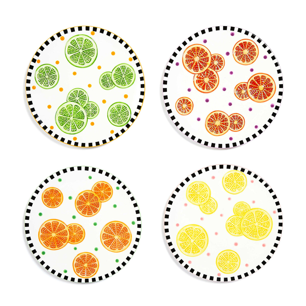 Ceramic dessert plate with citrus relief slices, gold lustre trim, and striped accents in dolomite material.
