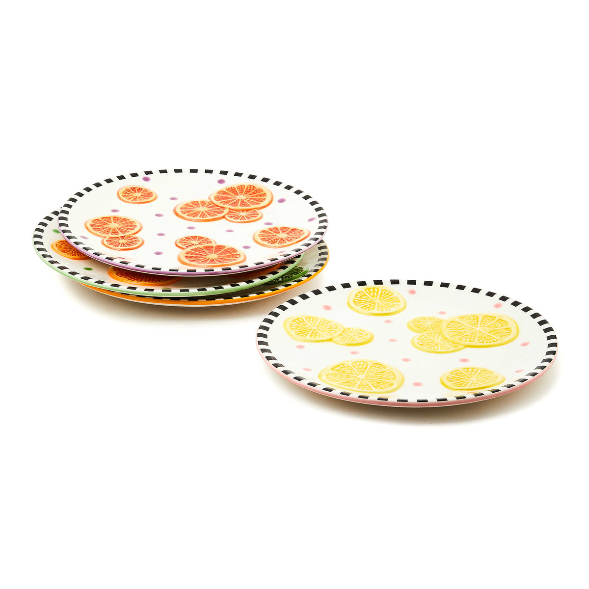 Ceramic dessert plate with dolomite finish featuring relief citrus slices, gold lustre trim, and striped accents.