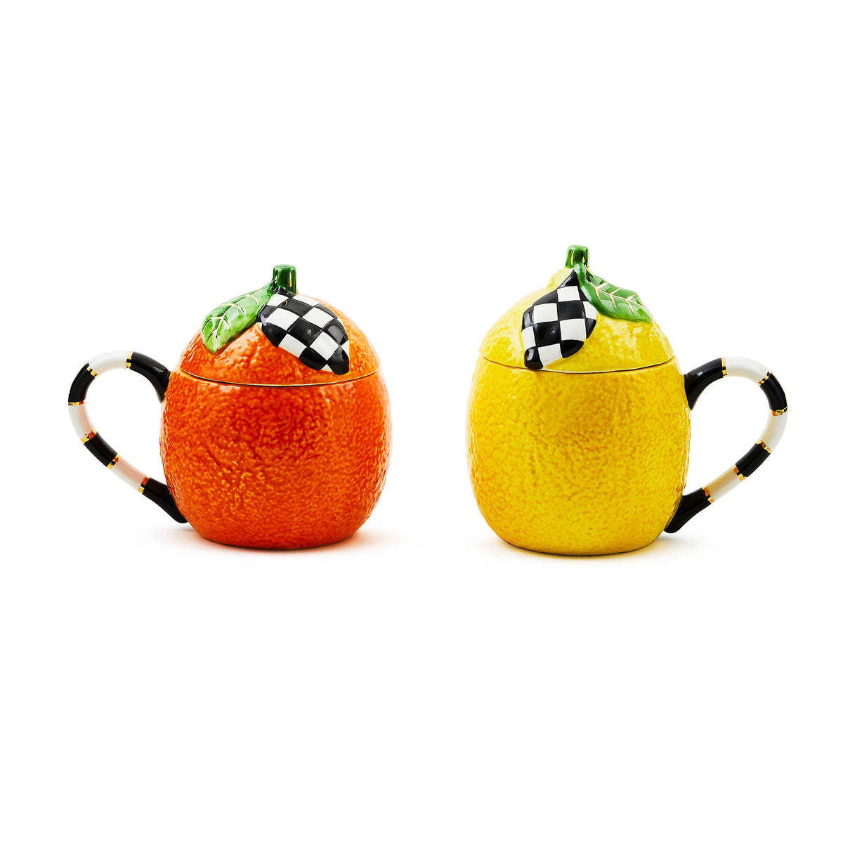 Lidded dolomite ceramic mug painted with orange and lemon patterns trimmed in gold lustre.