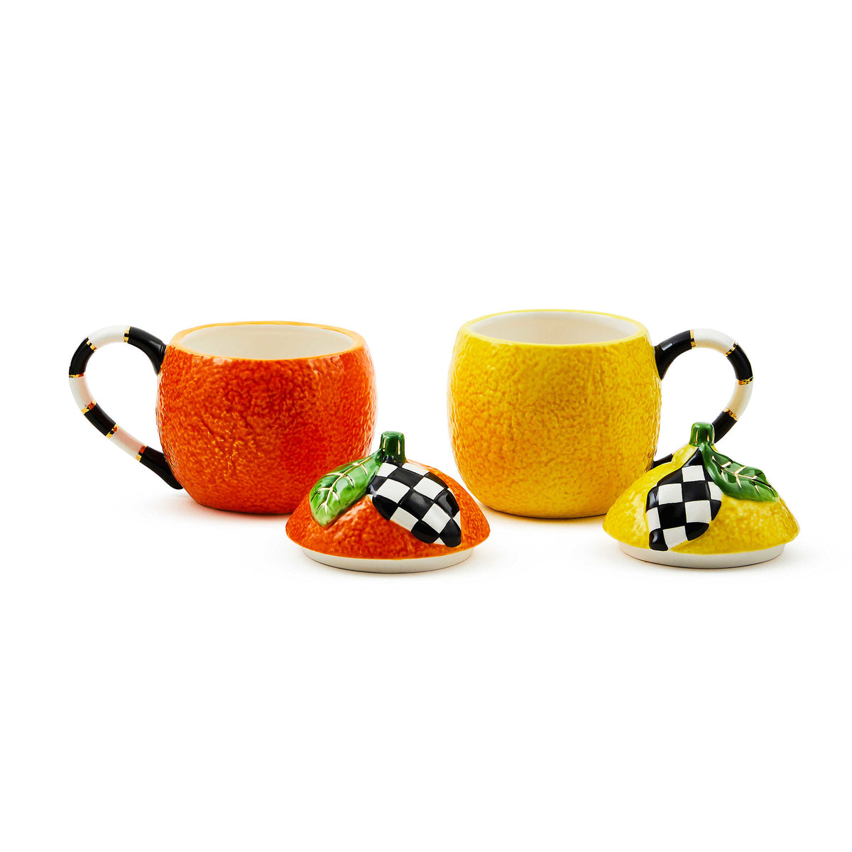 Lidded dolomite ceramic mug painted with orange and lemon fruit patterns trimmed in gold lustre.