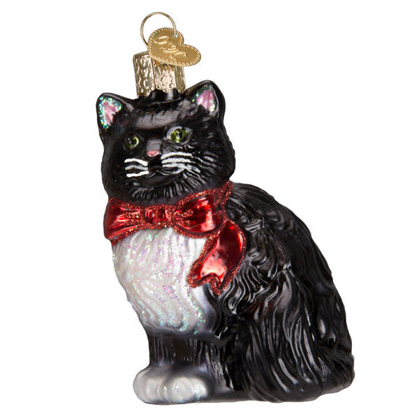 Glass tuxedo cat ornament with black bow tie standing on hind legs