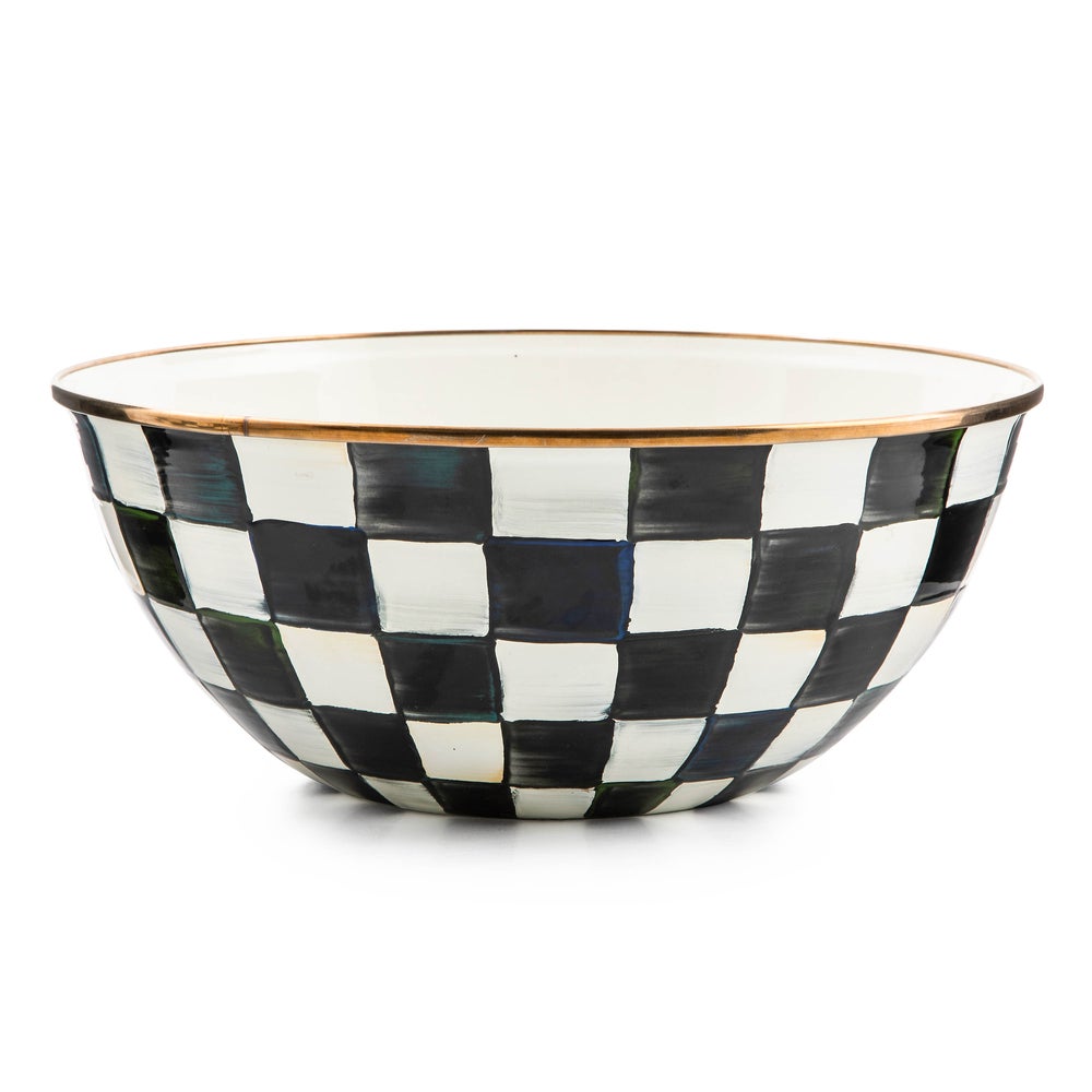 Large hand-painted black and white checkered bowl with a bronzed stainless steel rim.
