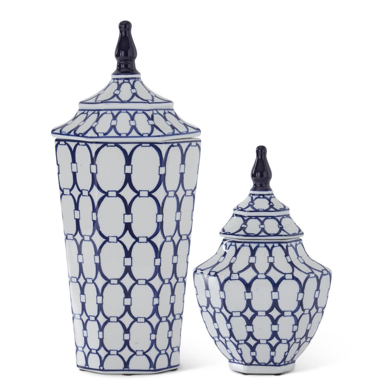 Two blue and white porcelain lidded containers with an ornate oval link pattern in different sizes.