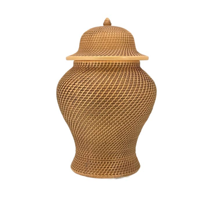 Faux wicker ginger jar made of polyresin with a domed lid and intricate basket-weave texture.