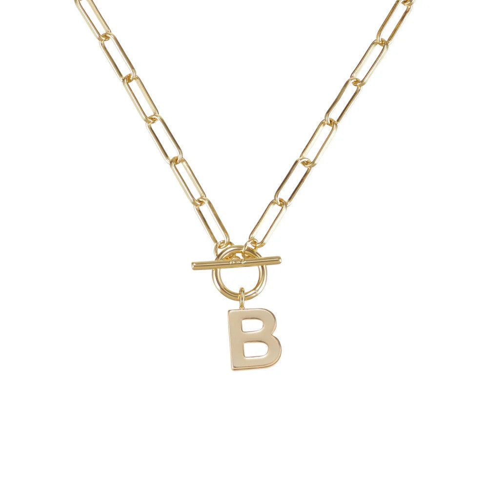 Gold plated toggle initial necklace with an 18-inch chain.