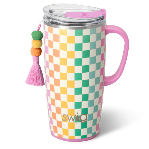 Silver stainless steel travel mug with a slim metal handle, silicone base, and large lid featuring a removable slider.