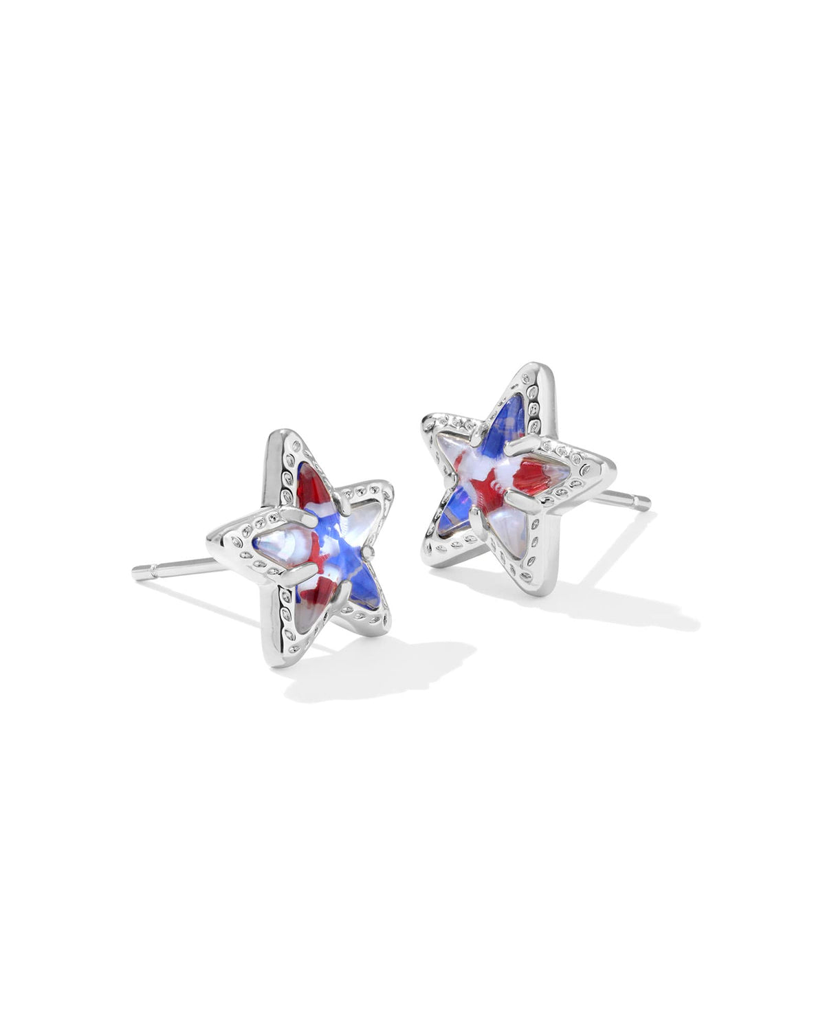 Cassidy star-shaped stud earrings in silver with red, white, and blue patterned inlay.