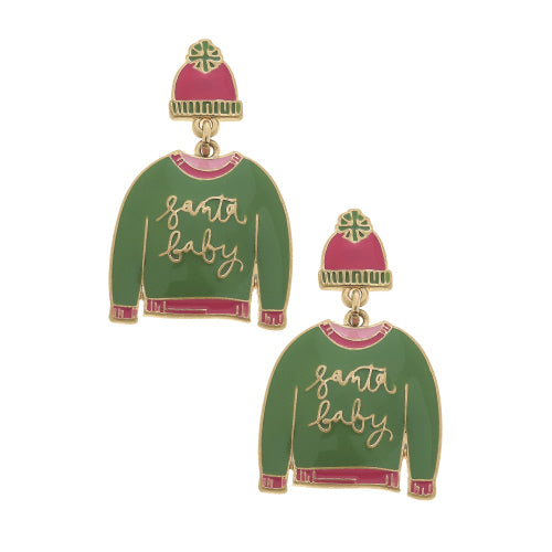 Green and pink enamel earrings featuring a beanie hat and a sweater with "Santa Baby" text.