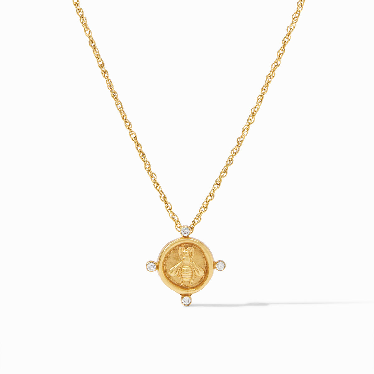 Gold bee cameo solitaire necklace with cubic zirconia accents on an adjustable chain.