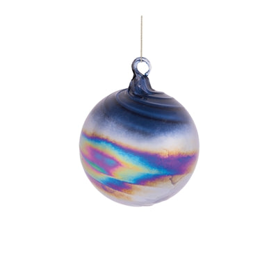 Hand-blown glass ornament with a dark blue top and iridescent rainbow band around the center.